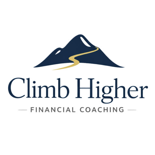 Climb Higher Financial Coaching logo with navy mountain and gold path symbol